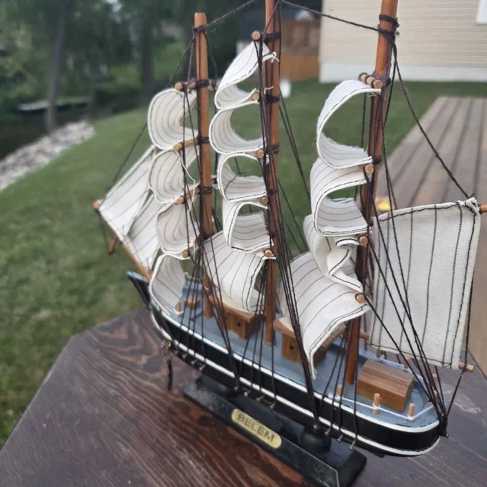 VTG Belem Sailboat Model Wood Cloth Sails Black White Desktop Display